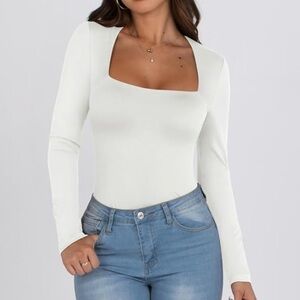 Oyanus Long Sleeve Square Neck Double Lined Slim Fit Top White Large